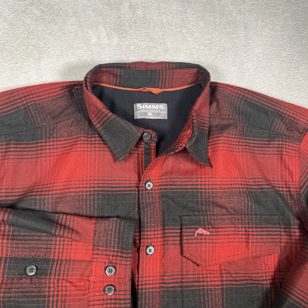Simms Mens XL Plaid Fleece Lined Flannel Shirt Jacket Shacket Red Black Fly Fish